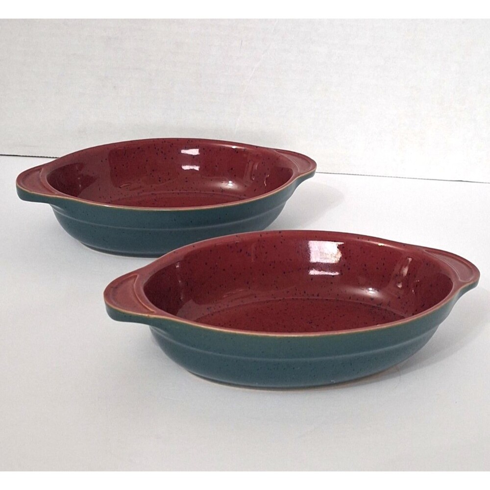 Denby HARLEQUIN Langley 8 7/8" Oval Au Gratin Baker Dish Red Green Stoneware
